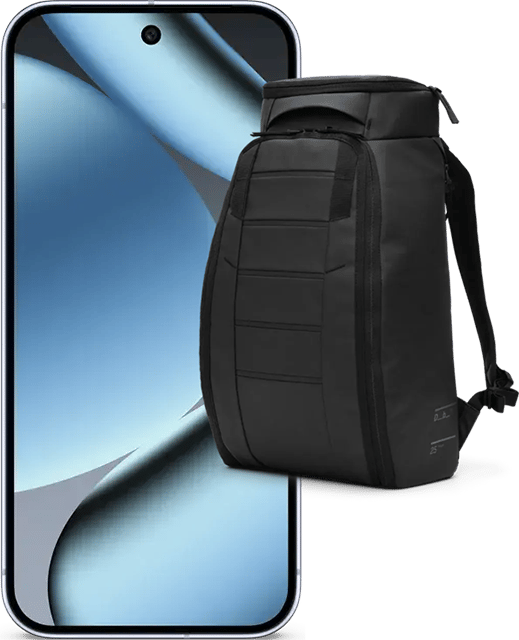 Black backpack overlapping a smartphone with a blue display.