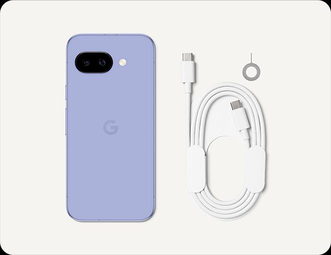 Pixel 9a, 1 m USB-C®-til-USB-C®-kabel (USB 2.0) og SIM-verktøy.