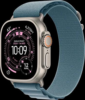 Apple Watch Ultra 3 - 49mm Natural Titanium Light Blue Alpine Loop 34FR Screen