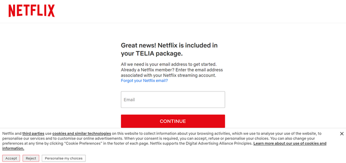 Skjermbilde fra registrering hos Netflix