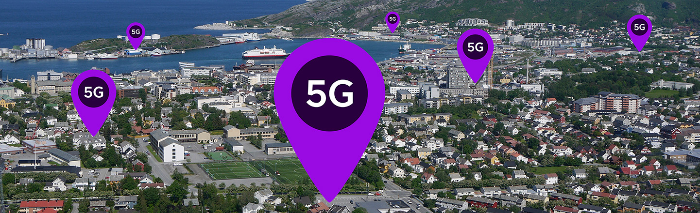Utsikt over Bodø med 5G-pins som markerer 5G-dekning