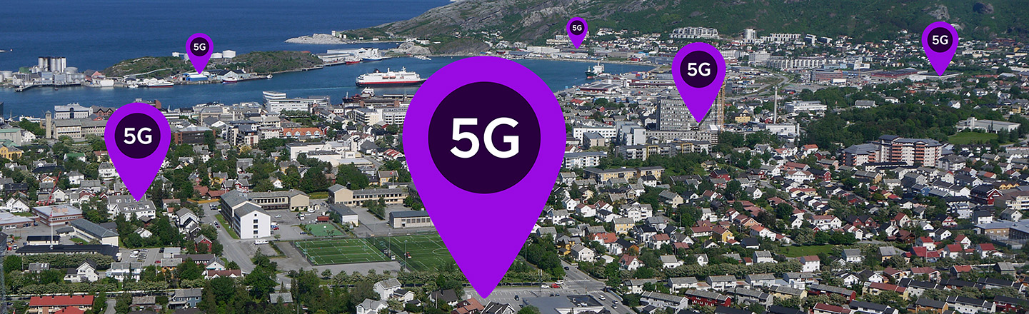 Utsikt over Bodø med 5G-pins som markerer 5G-dekning