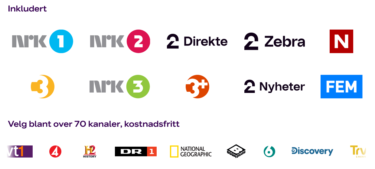 Logoene til de største TV-kanalene, oversikt over inkluderte kanaler som NRK og TV 2 med flere, og kanaler du kan velge.