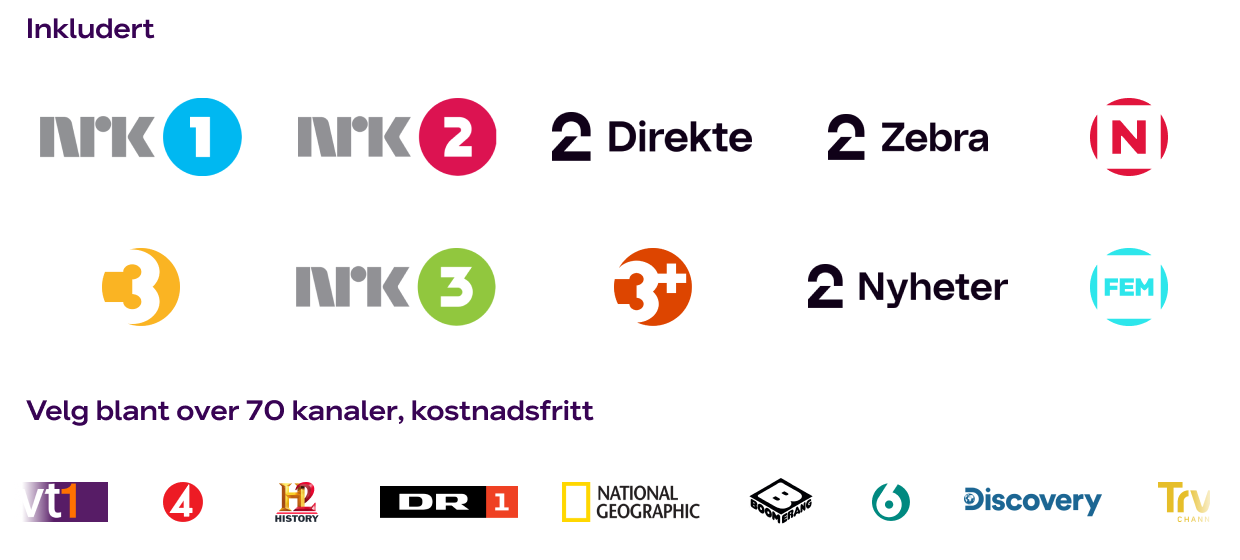 Logoene til de største TV-kanalene, oversikt over inkluderte kanaler som NRK og TV 2 med flere, og kanaler du kan velge.