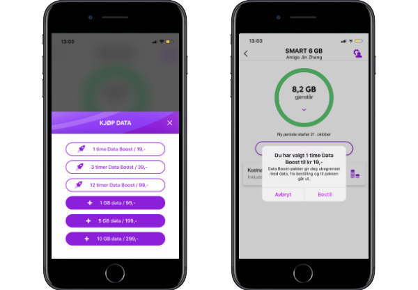 Skjermdumper fra Telia-appen hvor man kan velge Data Boost i 1, 3 eller 12 timer.