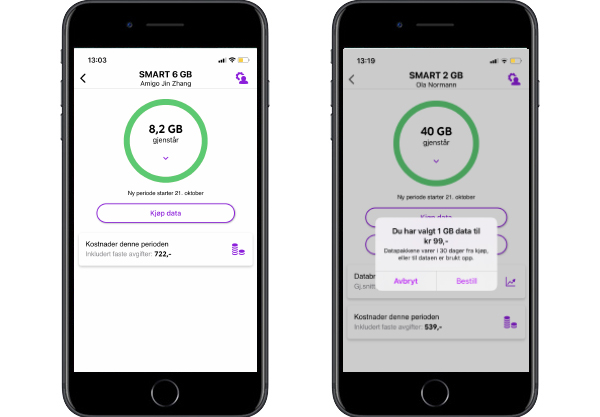 Skjermdump fra Telia-app som viser databruk og kjøp av ekstra data.