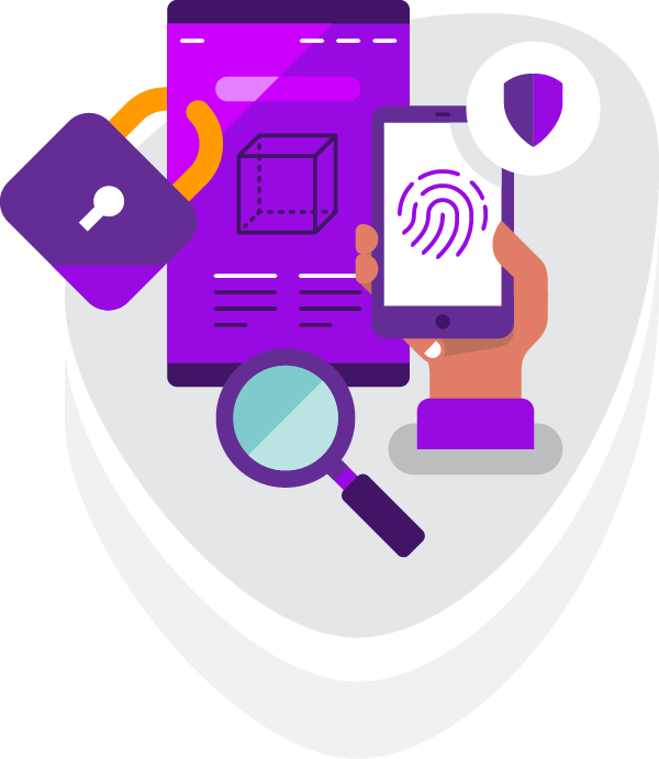 Illustrasjon av nettbrett med hengelås og mobiltelefon med fingeravtrykk. Illustrasjon av nettbrett med hengelås og mobiltelefon med fingeravtrykk.