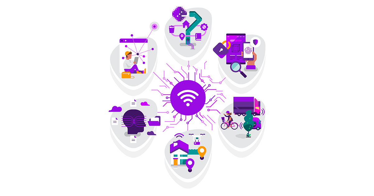 Illustrasjoner av hvordan 5G vil påvirke industri, nettverk, sikkerhet og transport i fremtiden.