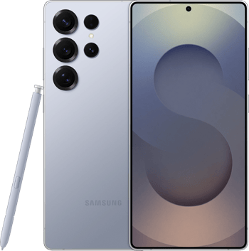 Lavender Samsung Galaxy S23 Ultra, front & back, with matching S Pen stylus.