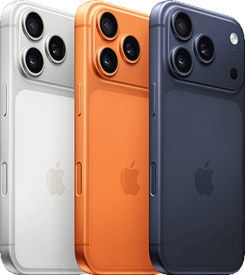 Three iPhones (white, orange, blue) with triple cameras & Apple logos.