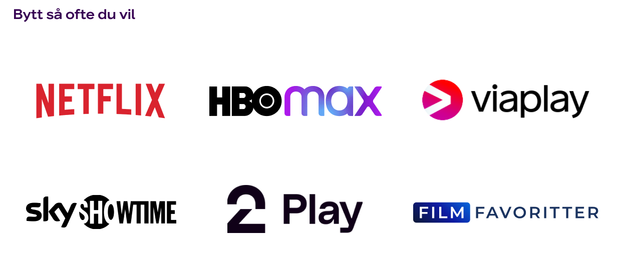 Bytt så ofte du vil: Logoer for de største strømmetjenestene du får tilgang til i Telia Play