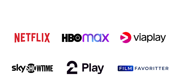 Logoer for Netflix, HBO max, Viaplay, Skyshowtime, TV 2 Play og FilmFavoritter