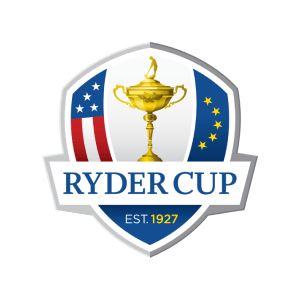 Ryder Cup golf logo: trophy, US flag, European flag.