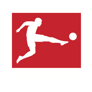 Bundesliga logo: White silhouette of a soccer player kicking a ball on a red background, with 'BUNDESLIGA' text.