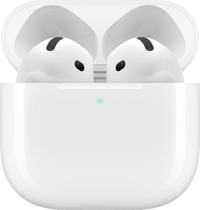 White AirPods in open charging case with a green light.