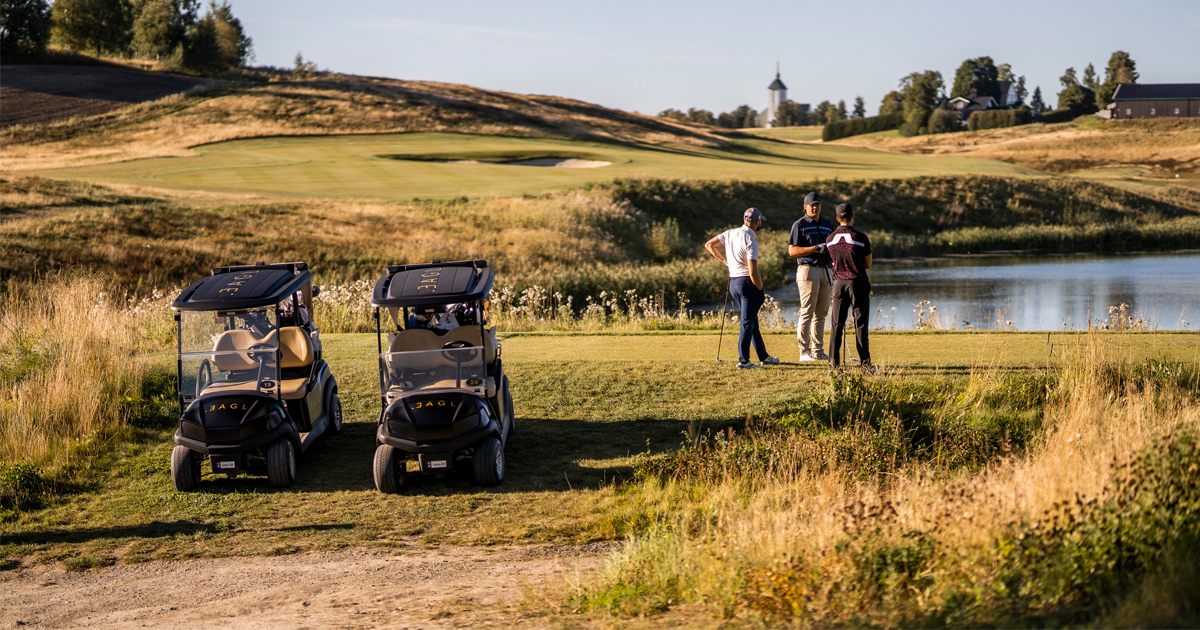 Golfbane med golfbiler og golfspillere. 