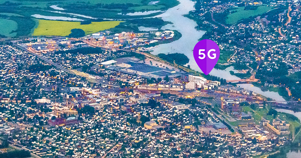 Oversiktsbilde over Lillestrøm med geopin 5G