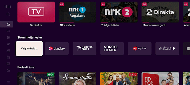 Telia Play hjem-skjerm på Telia box, med inngang til "Velg innhold"