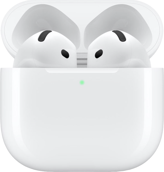 White AirPods in open charging case with a green light.