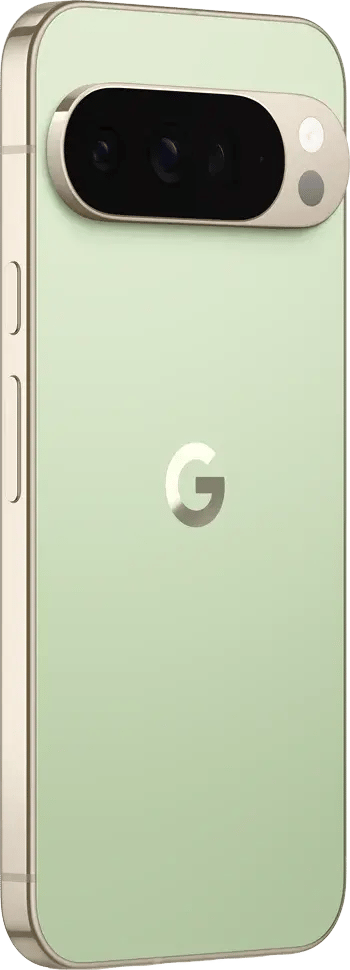 Light green Google Pixel phone from the back, showing its camera bar and metallic G logo.