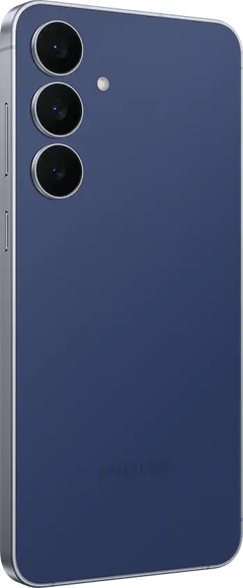 Angled back of blue Samsung smartphone with triple cameras and flash.