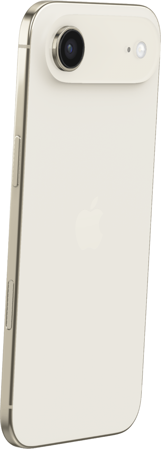 Light cream smartphone back with a single camera, flash, and subtle Apple logo on a green background.