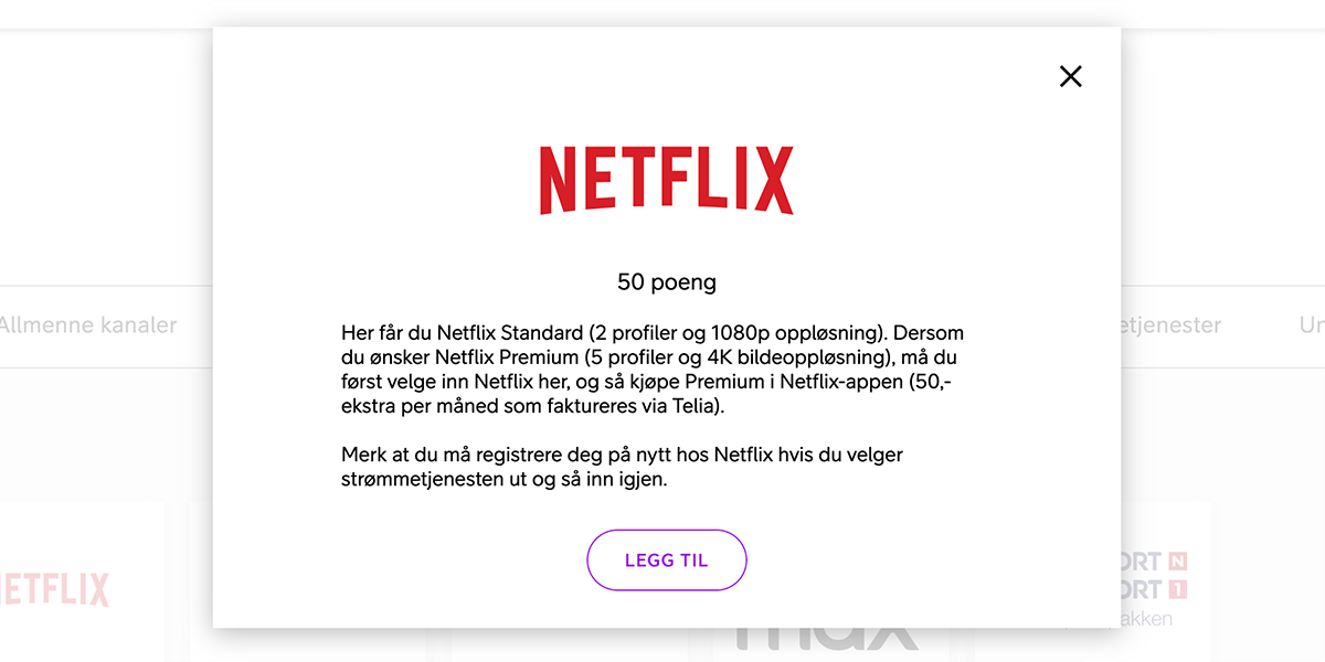 Skjermbilde av Netflix i valgmenyen på Min Side