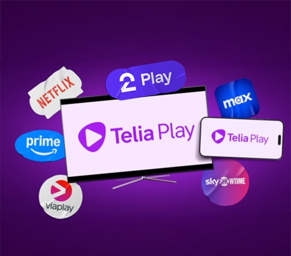 Telia Play med strømmetjenestene sine logoer rundt en TV-skjerm