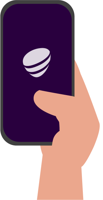 A hand holds a smartphone with a purple screen displaying a light gray, stylized elliptical logo.