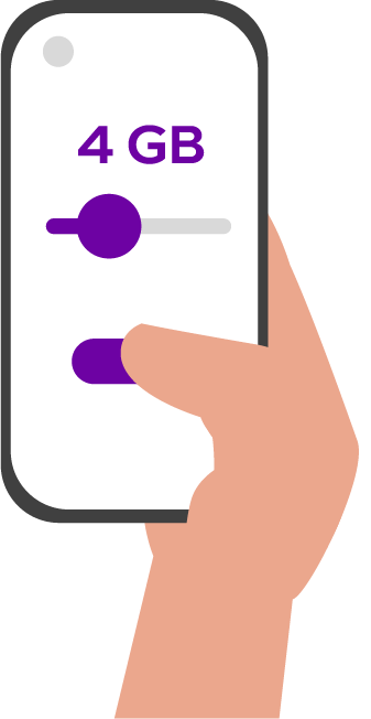 A hand holds a smartphone showing "4 GB", a data slider, and a toggle switch on the screen.