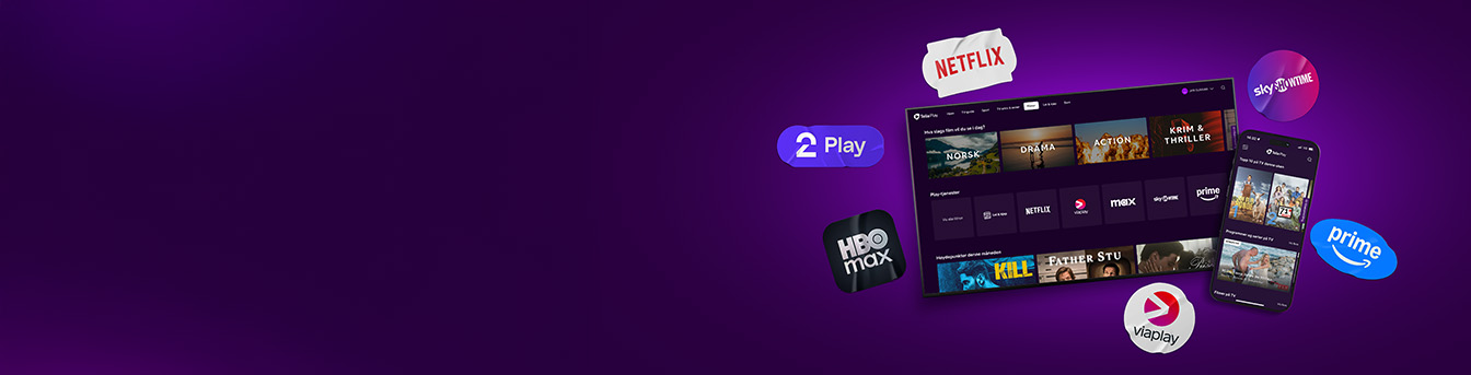 Telia Play med Netflix, HBO Max, TV 2 Play, Viaplay, SkyShowtime og Prime logoer