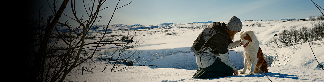 Kvinne på tur i fjellet med sin firbeinte venn, sola skinner over viddene med blå himmel i horisonten.