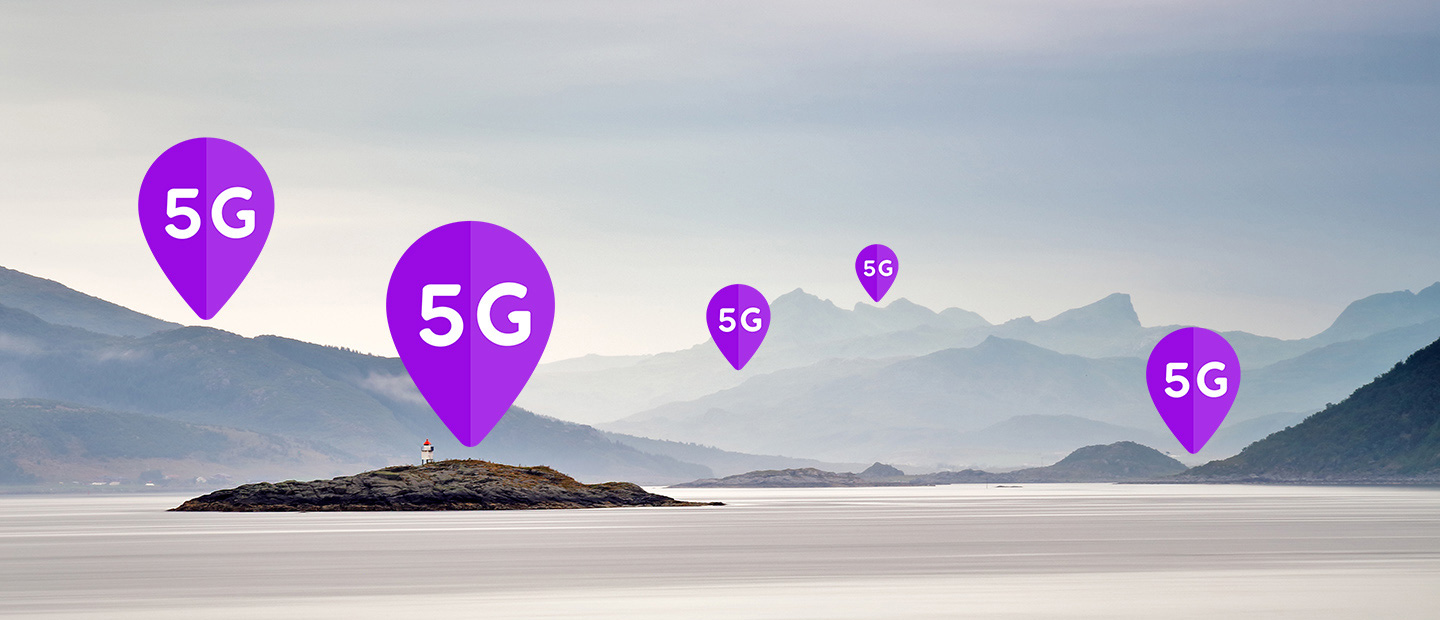 Fjord og fjell med 5G-pins flere steder i landskapet.