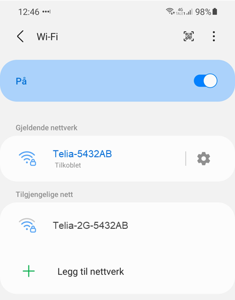 Skjermbilde som viser tilkobling til Wifi med Android-mobil
