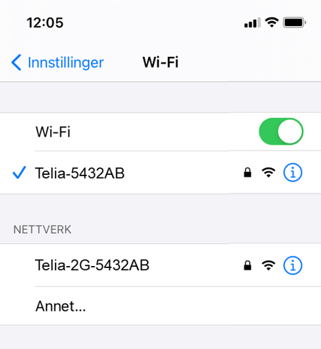 Skjermbilde som viser tilkobling til Wifi med iPhone