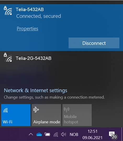 Skjermbilde som viser tilkobling til Wifi med Windows-PC