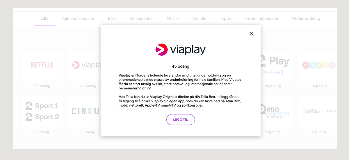 Skjermbilde fra Valgmenyen for å velge inn Viaplay-tjenesten.