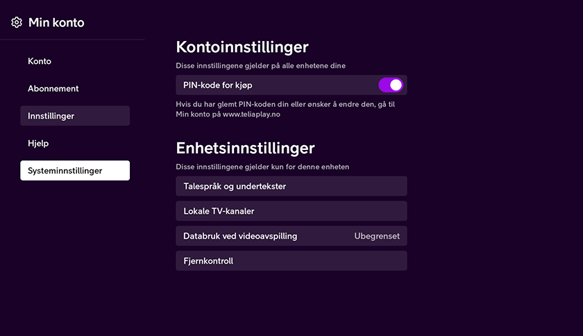 Skjermbilde Telia Play, sette PIN-kode